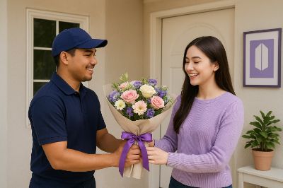 Kurir mengantarkan buket bunga kepada pelanggan di depan rumah